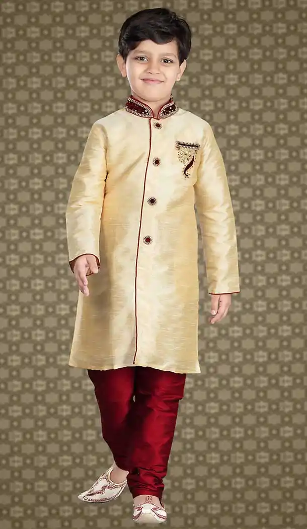 Cream Color Art Silk Readymade Boys Churidar Kurta | FH508477456