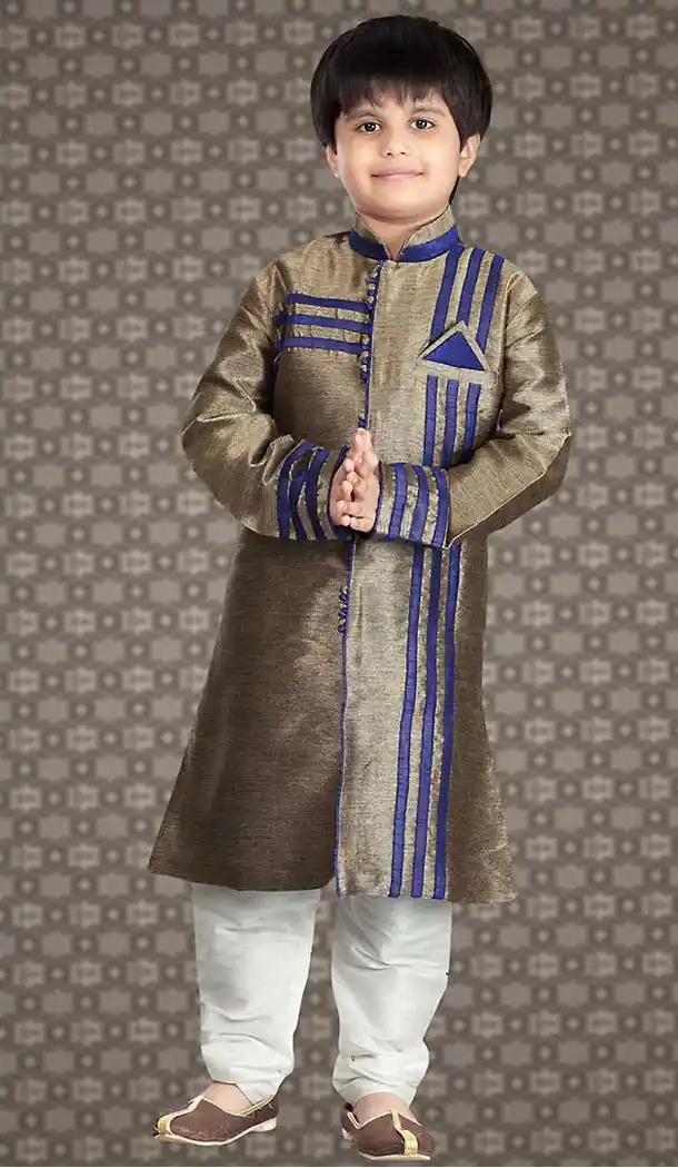 Tan Brown Color Ghicha Silk Readymade Boys Churidar Kurta | FH508477457