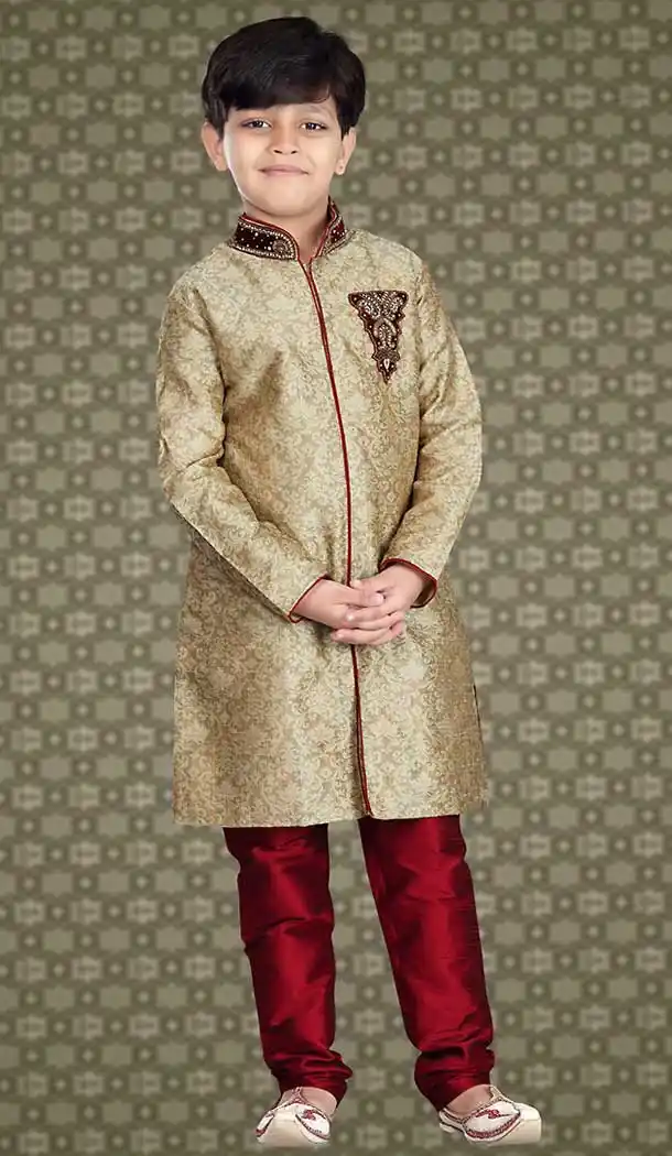 Brown Color Jacquard Readymade Boys Churidar Kurta | FH508477458