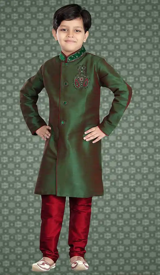 Mehendi Green Color Art Silk Readymade Boys Churidar Kurta Set | FH508577462