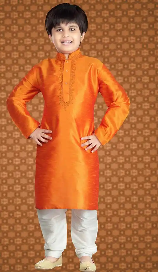 Orange Color Art Silk Readymade Boys Churidar Kurta Set | FH508577463