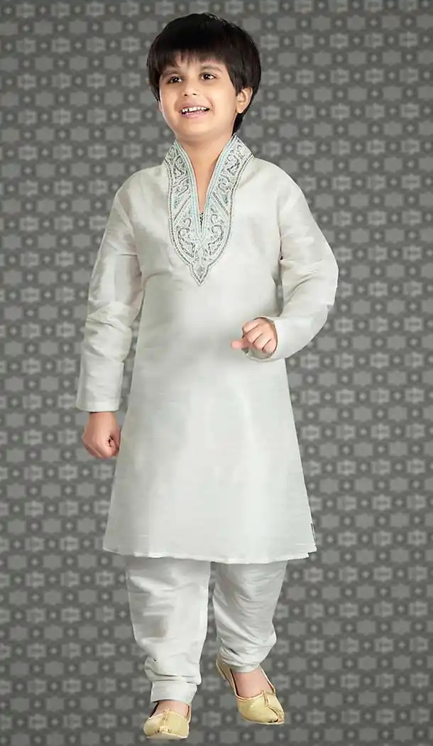 Off White Color Art Silk Readymade Boys Churidar Kurta Set | FH508577464
