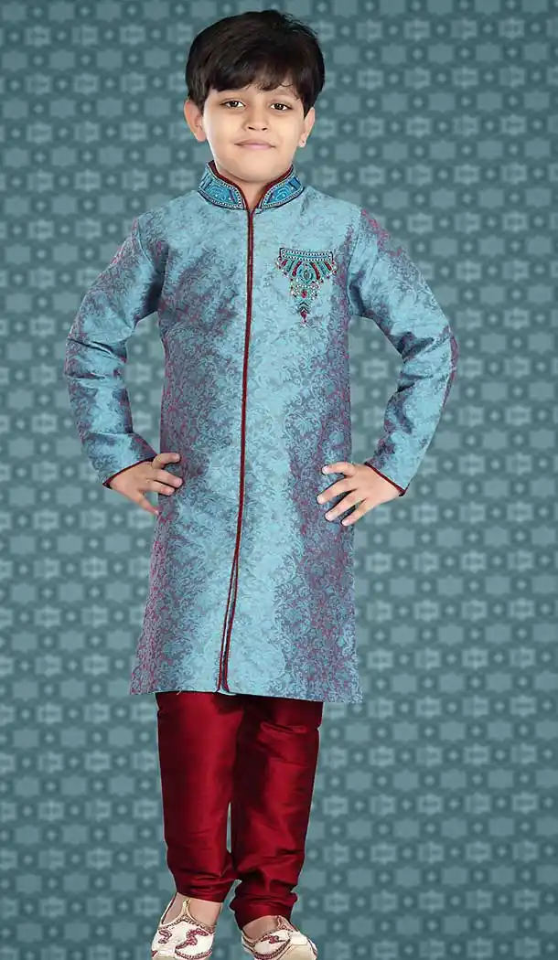 Sky Blue Color Jacquard Readymade Boys Churidar Kurta Set | FH508577465
