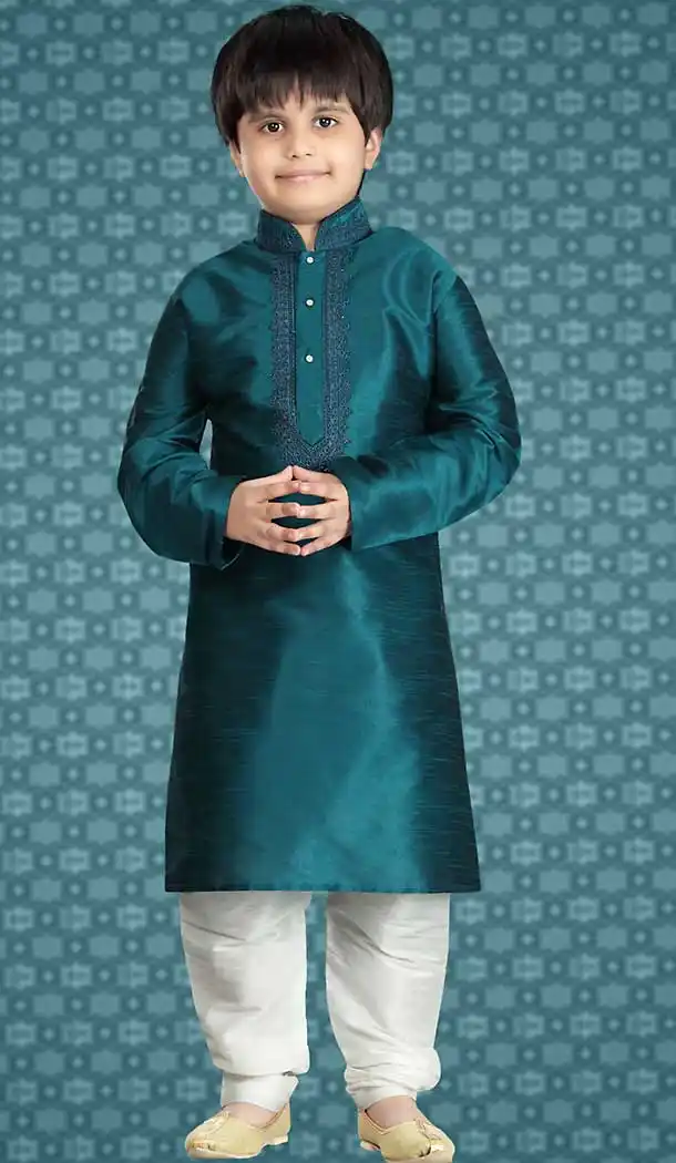 Cadet Blue Color Art Silk Readymade Boys Churidar Kurta Set | FH508577466