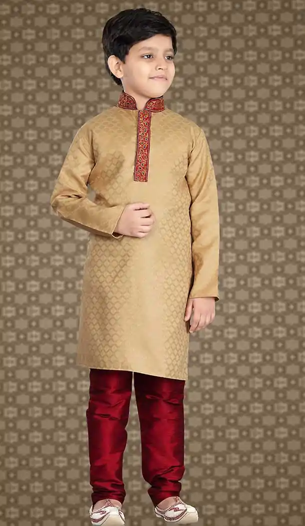Beige Color Jacquard Readymade Boys Churidar Kurta Set | FH508577467