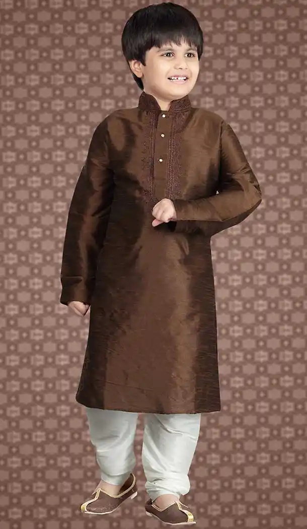 Chocolate Color Art Silk Readymade Boys Churidar Kurta Set | FH508577468