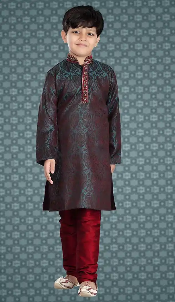 Cadet Blue Color Jacquard Readymade Boys Churidar Kurta Set | FH508577469
