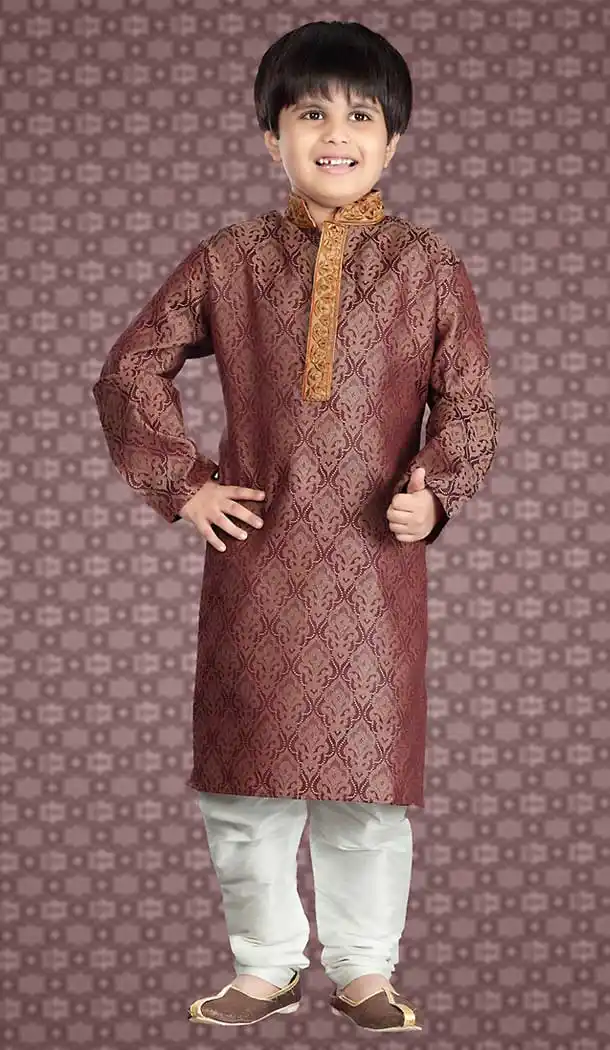 Brown Color Jacquard Readymade Boys Churidar Kurta Set | FH508577470