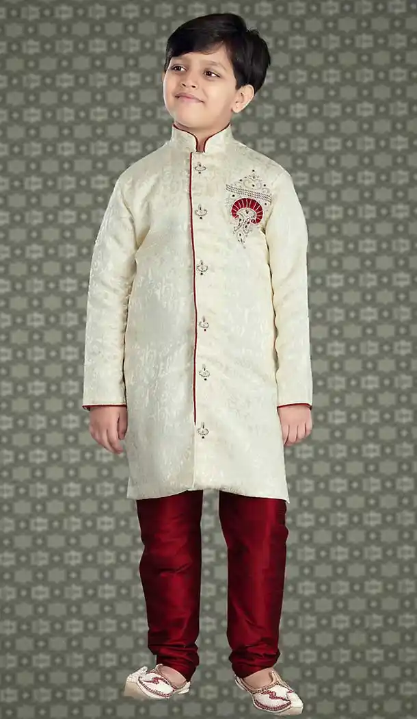 Cream Color Jacquard Readymade Boys Churidar Kurta Set | FH508577471
