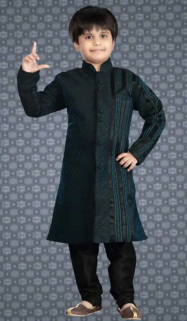 Cadet Blue Color Jacquard Readymade Boys Churidar Kurta Set | FH508577472