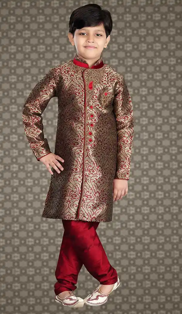 Maroon Color Jacquard Readymade Boys Churidar Kurta Set | FH508577473