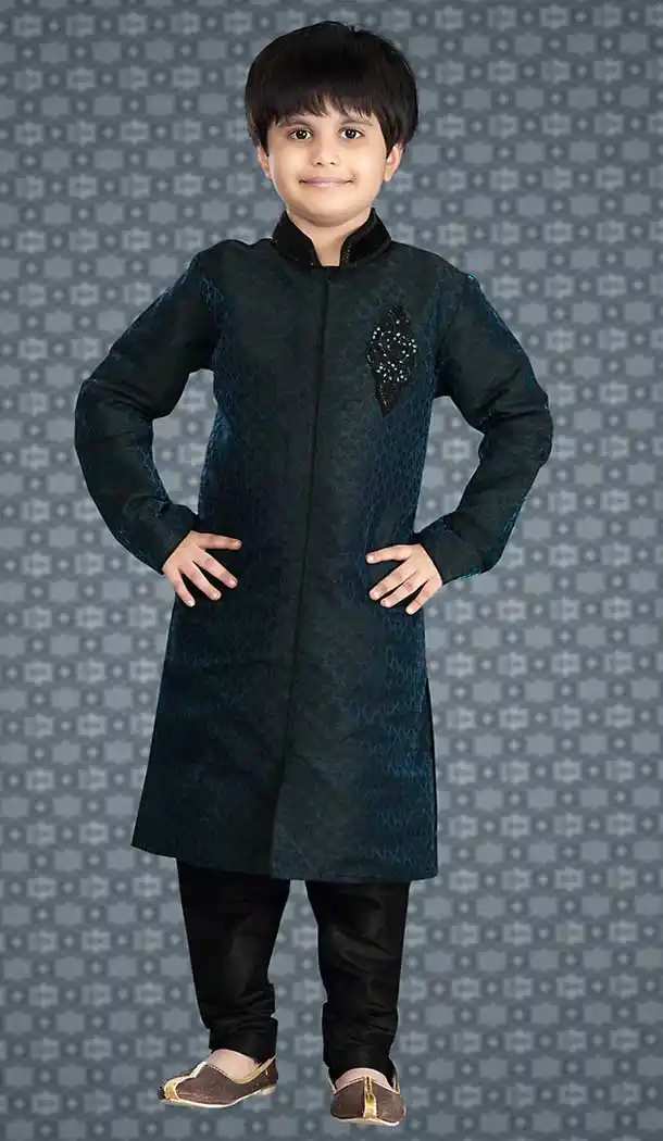 Aqua Blue Color Jacquard Readymade Boys Churidar Kurta Set | FH508577474