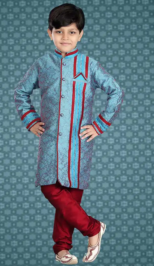 Sky Blue Color Jacquard Readymade Boys Churidar Kurta Set | FH508577475
