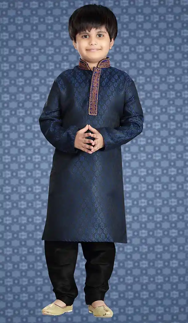 Navy Blue Color Jacquard Readymade Boys Kurta Pajama Set | FH508677476