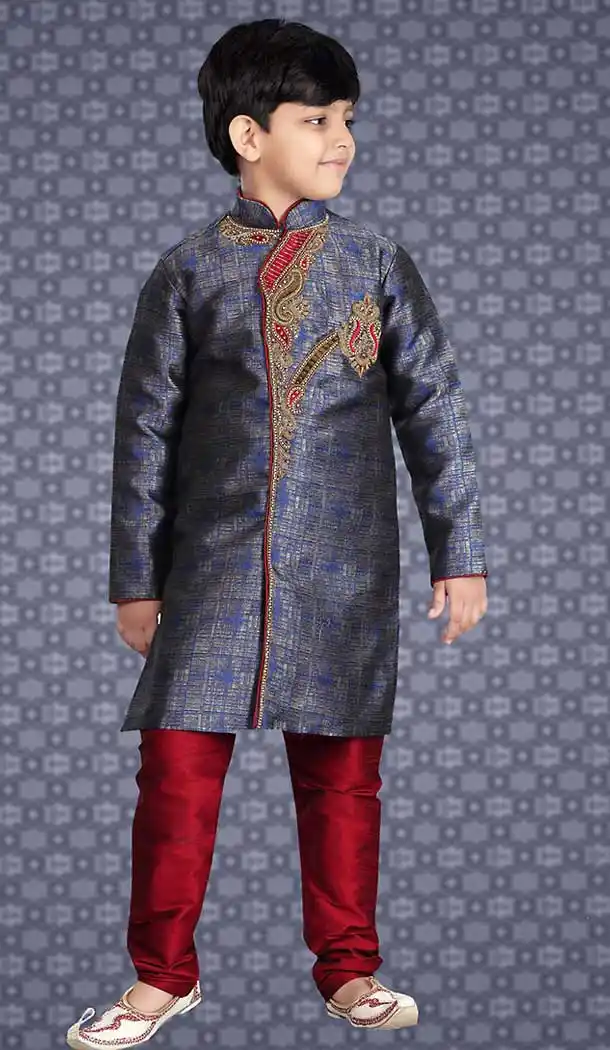 Blue Color Banarasi Silk Readymade Boys Kurta Pajama Set | FH508677477