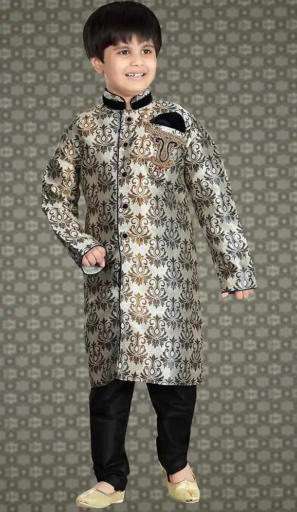 Cream Color Jacquard Readymade Boys Kurta Pajama Set | FH508677478