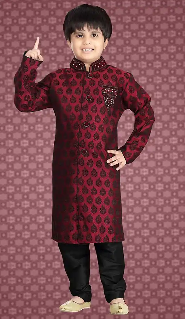 Red Color Jacquard Readymade Boys Kurta Pajama Set | FH508677479