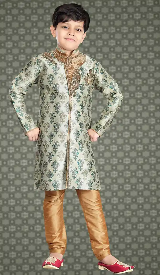 Cream Color Jacquard Readymade Boys Kurta Pajama Set | FH508677480