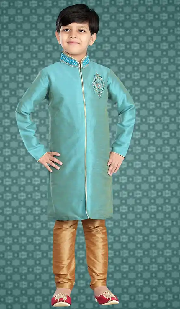 Turquoise Color Art Silk Readymade Boys Kurta Pajama Set | FH508677482