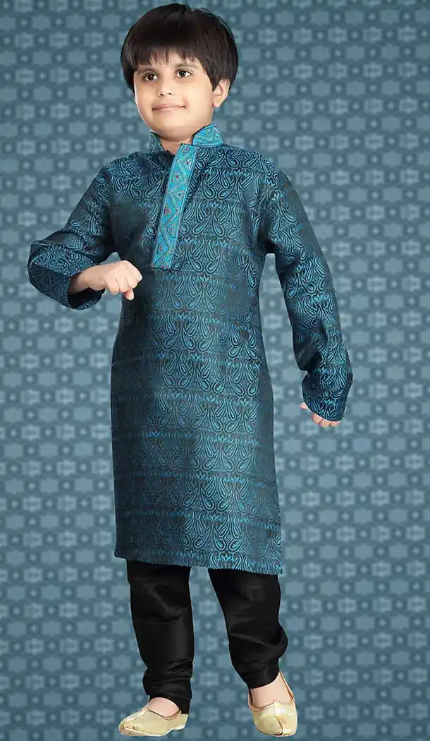 Cyan Blue Color Art Silk Readymade Boys Kurta Pajama Set | FH508677483
