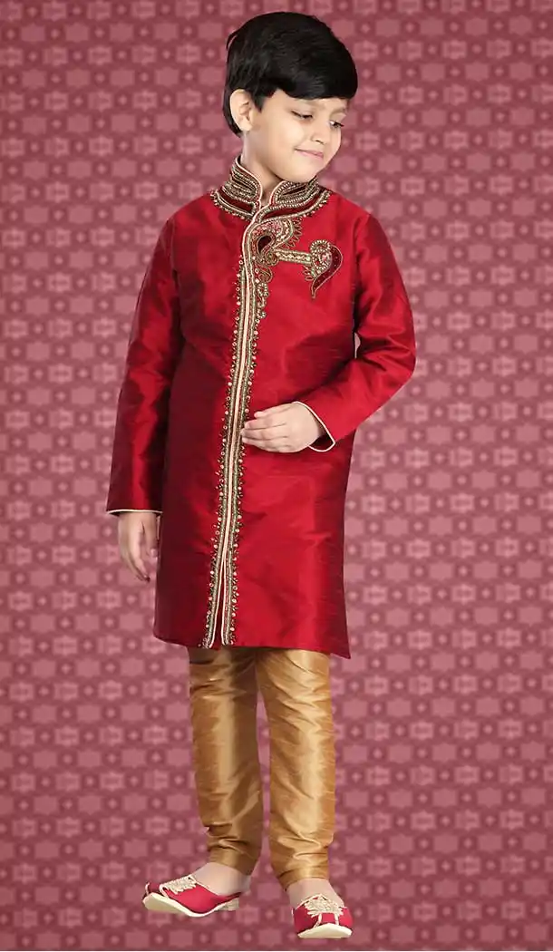 Red Color Art Silk Readymade Boys Kurta Pajama Set | FH508677484