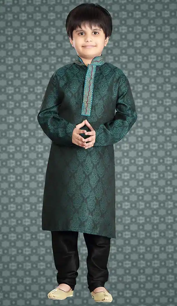 Emerald Color Jacquard Readymade Boys Kurta Pajama Set | FH508677485