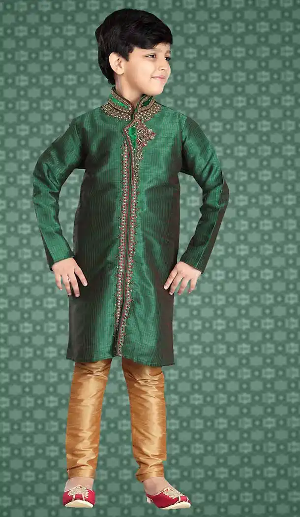 Chrome Green Color Art Silk Readymade Boys Kurta Pajama Set | FH508677486