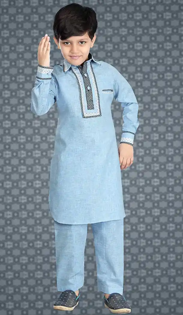 Sky Blue Color Cotton Silk Readymade Boys Kurta Pajama Set | FH508677487