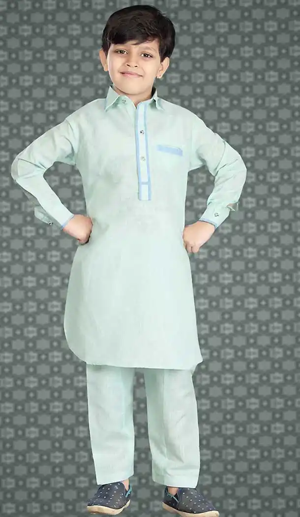 Mint Green Color Cotton Silk Readymade Boys Kurta Pajama Set | FH508677488