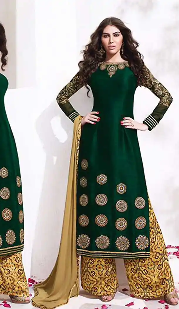 Green Color Raw Silk Straight Cut Style Salwar Kameez | FH508777497