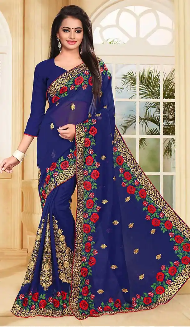 Navy Blue Color Georgette Embroidery Work Party Wear Saree | FH508877498