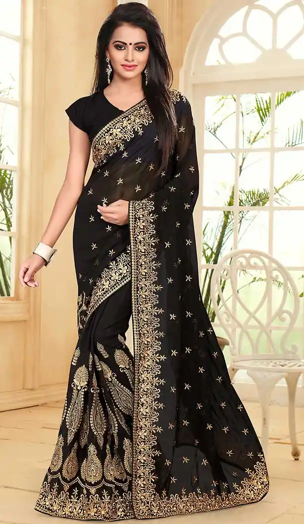 Black Color Georgette Embroidery Work Party Wear Saree | FH508877500