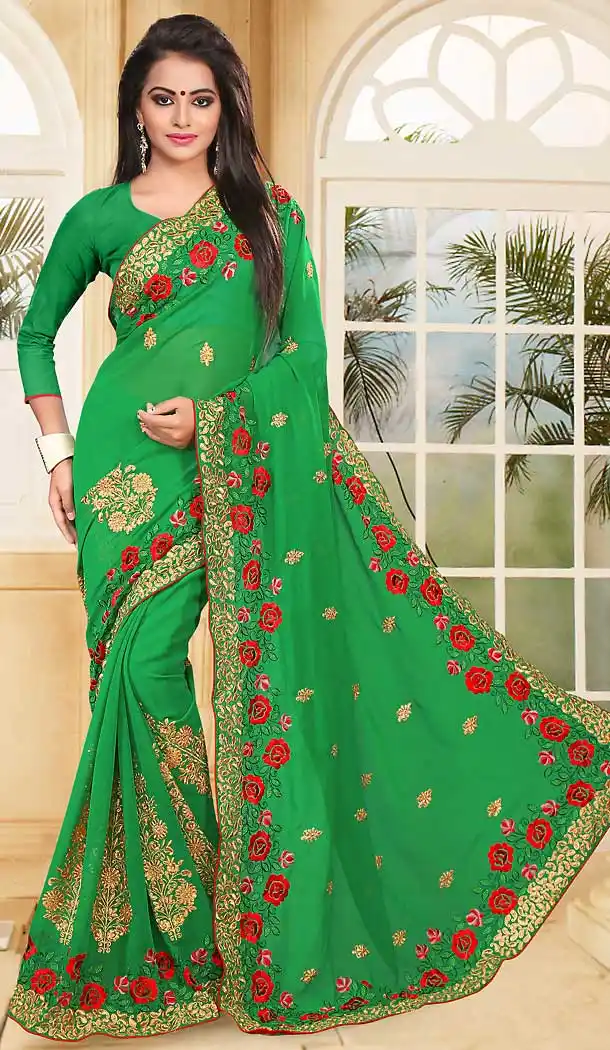 Chrome Green Color Georgette Embroidery Work Party Wear Saree | FH508877501