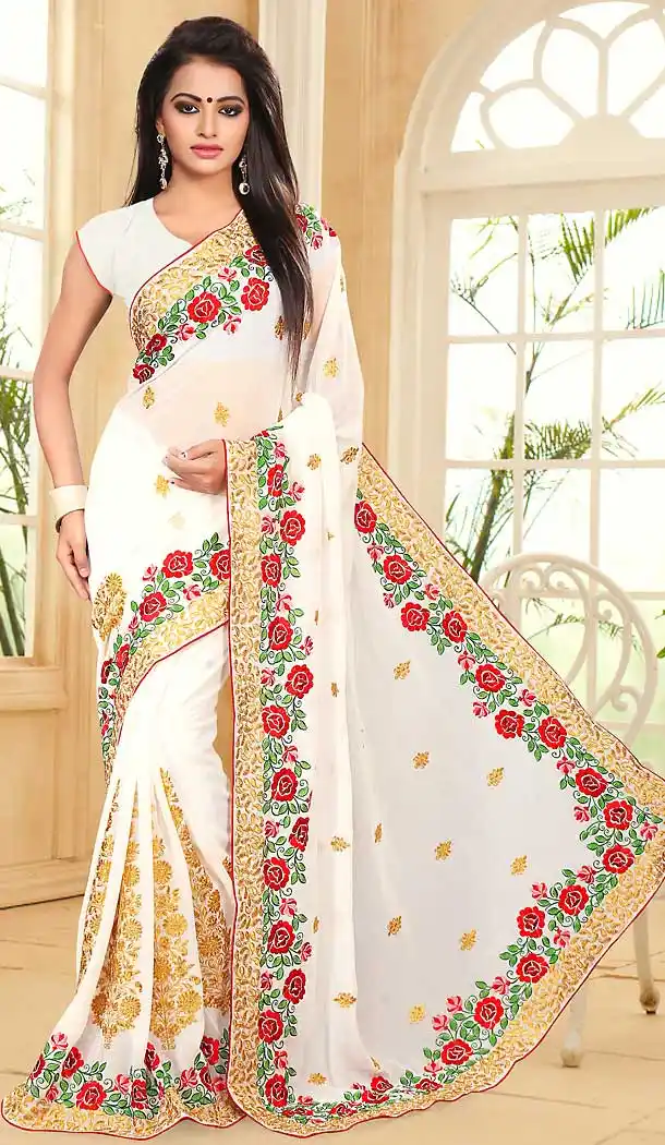 Off White Color Georgette Embroidery Work Party Wear Saree | FH508877502