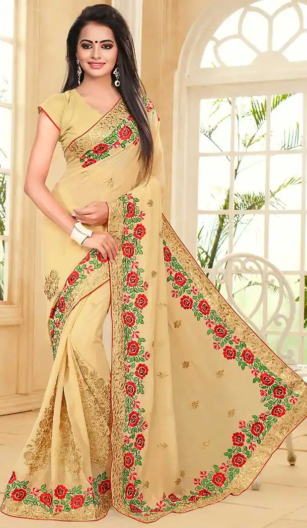 Beige Color Georgette Embroidery Work Party Wear Saree | FH508877503