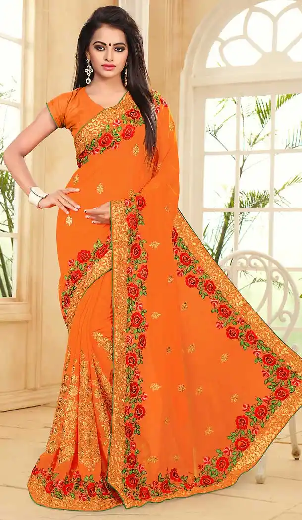 Deep Orange Color Georgette Embroidery Work Party Wear Saree | FH508877504