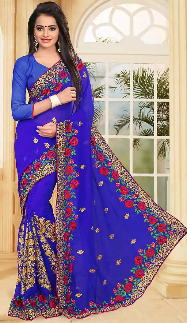 Navy Blue Color Georgette Embroidery Work Party Wear Saree | FH508877505