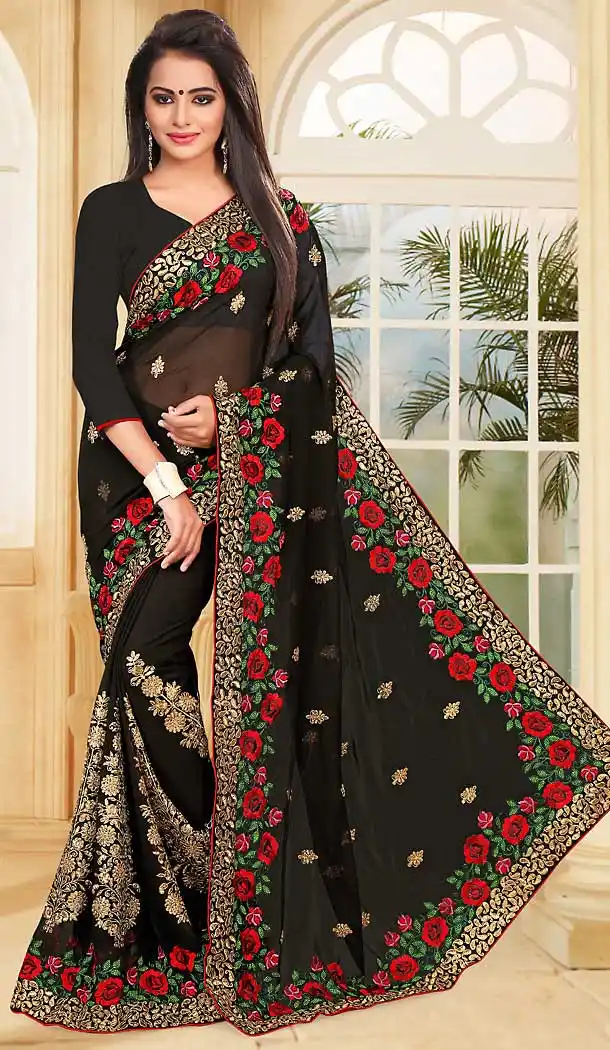 Black Color Georgette Embroidery Work Party Wear Saree | FH508877506