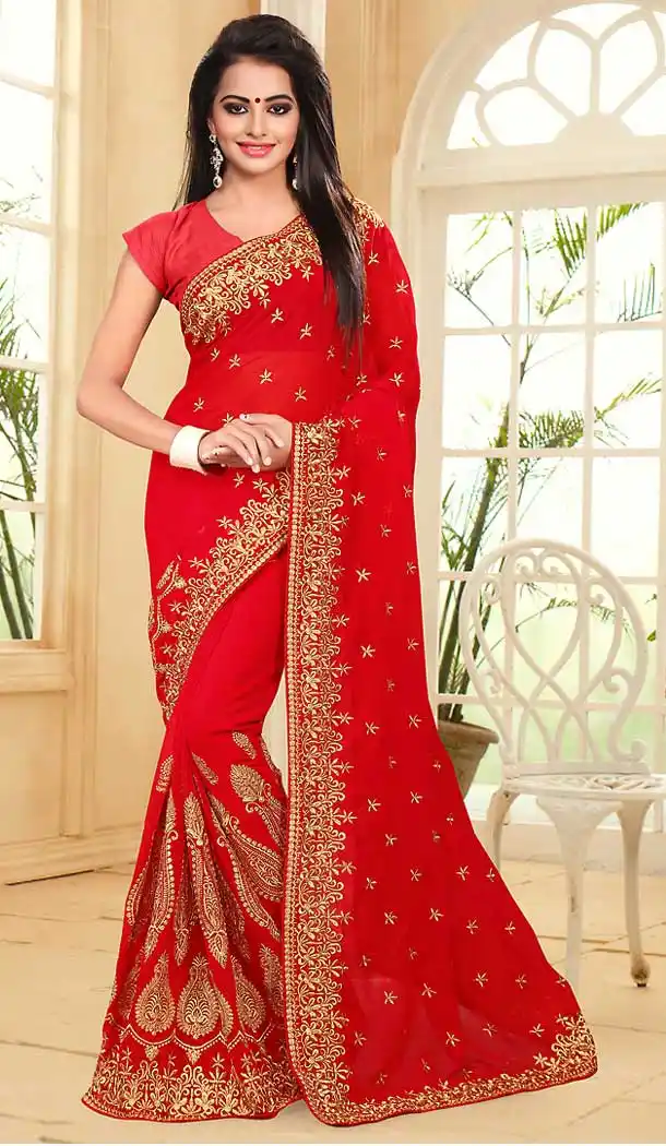 Red Color Georgette Embroidery Work Party Wear Saree | FH508877507