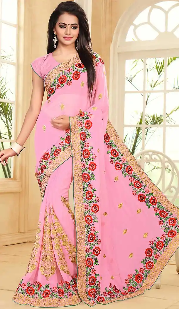 Rose Pink Color Georgette Embroidery Work Party Wear Saree | FH508877508