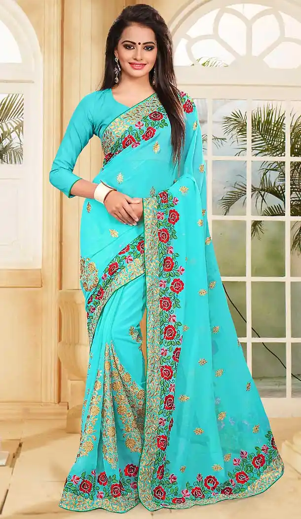 Turquoise Color Georgette Embroidery Work Party Wear Saree | FH508877509