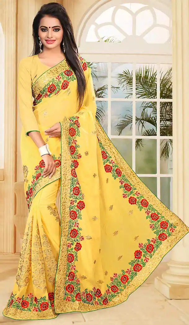 Yellow Color Georgette Embroidery Work Party Wear Saree | FH508877510