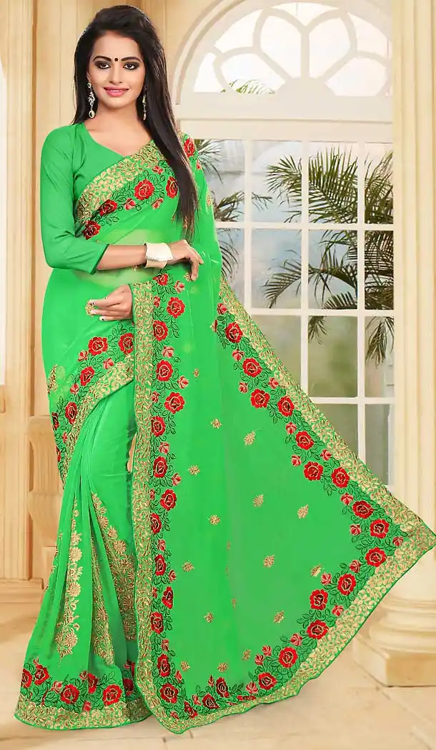 Lime Green Color Georgette Embroidery Work Party Wear Saree | FH508877511