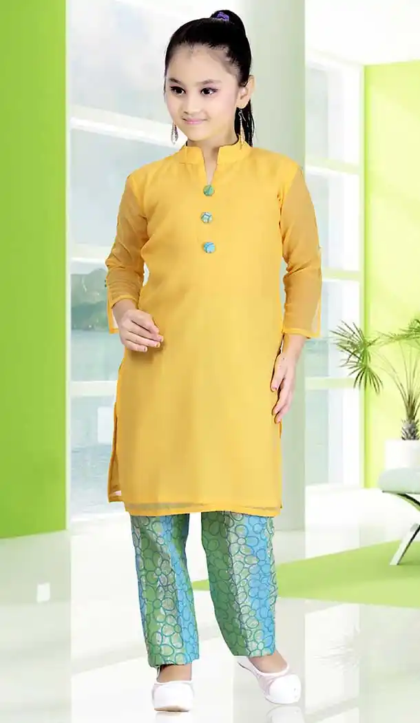 Yellow Color Georgette Straight Cut Style Girls Readymade Salwar Kameez | FH508977516
