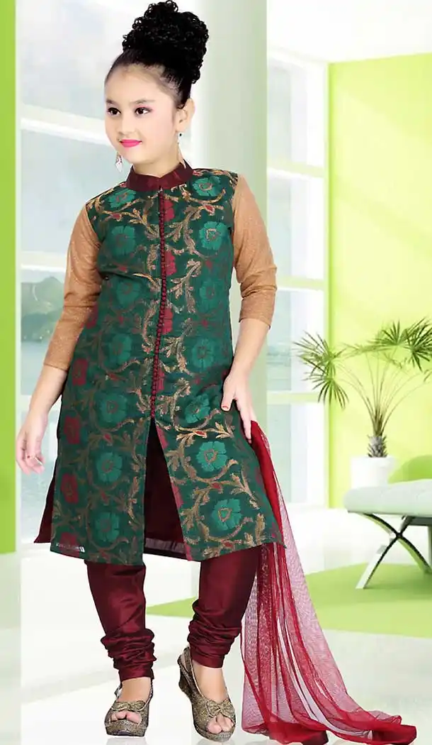 Bottle Green Color Chanderi Silk Achkan Style Girls Readymade Salwar Kameez | FH508977517