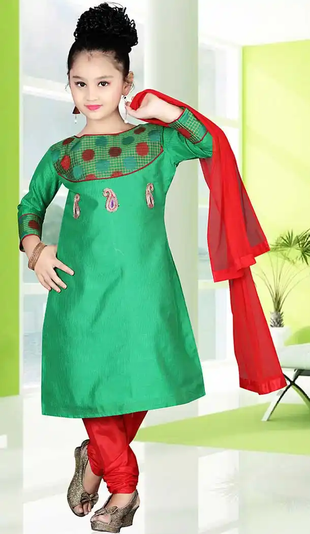 Lime Green Color Cotton Straight Cut Style Girls Readymade Salwar Kameez | FH508977519