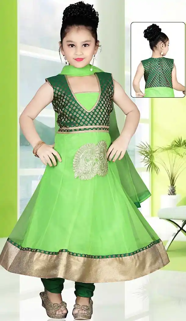 Green Color Brocade Anarkali Style Girls Readymade Salwar Kameez | FH508977521