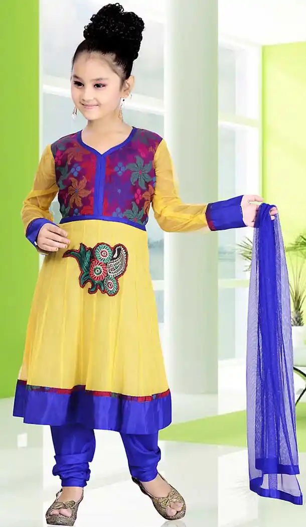 Yellow Color Chanderi Silk Anarkali Style Girls Readymade Salwar Kameez | FH508977524