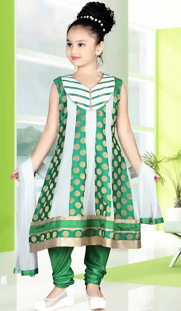 Chrome Green Color Brocade Anarkali Style Girls Readymade Salwar Kameez | FH508977527