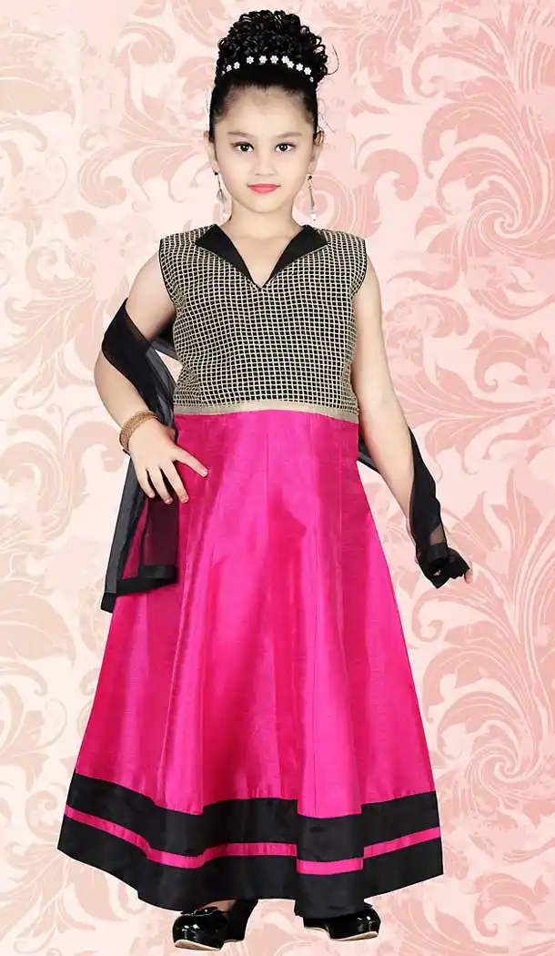 Deep Pink Color Cotton Silk Anarkali Style Girls Readymade Salwar Kameez | FH509077529